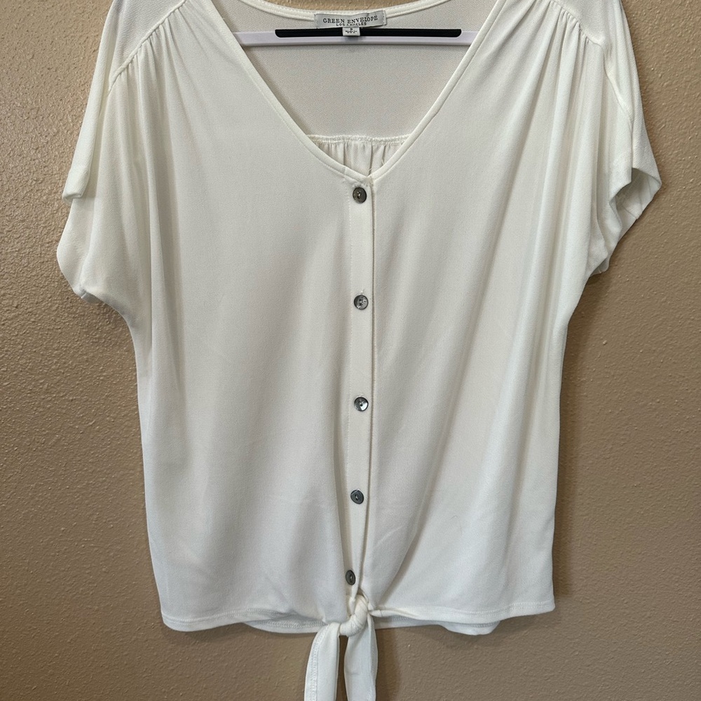 Green Envelope White Short Sleeve Button Down Blouse